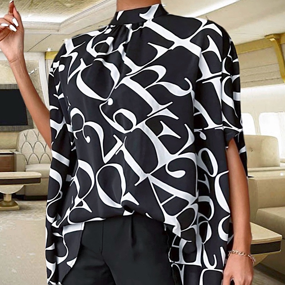 Dolman Sleeved Letter Print Designer Blouse. - Picture 3 of 14